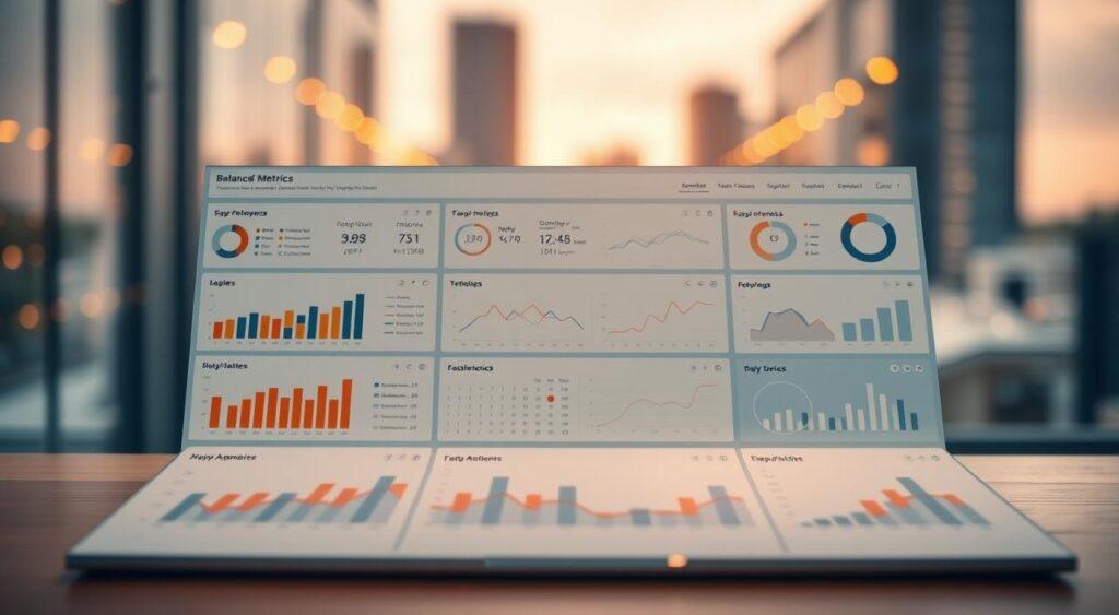 A balanced metrics approach, depicting a well-designed dashboard with harmonious data visualizations. In the foreground, a clean, modern interface showcases various metrics such as charts, graphs, and key performance indicators, all meticulously arranged for optimal comprehension. The middle ground features a subtle, geometric layout with a calming color palette, creating a sense of balance and clarity. In the background, a soft, blurred cityscape provides a contextual backdrop, hinting at the real-world implications of the balanced metrics approach. Warm lighting from above casts a subtle glow, giving the scene a professional, yet inviting atmosphere. The overall composition conveys a thoughtful, data-driven approach to decision-making, aligned with the principles of mitigating Goodhart's Law.