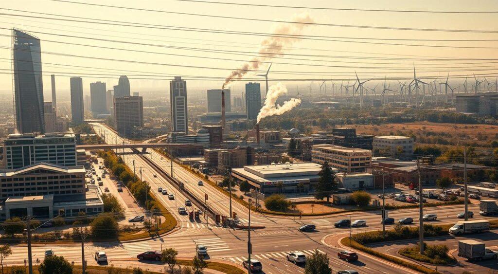 A bustling cityscape with towering skyscrapers, criss-crossing highways, and networks of power lines overhead. In the foreground, a busy intersection where traffic signals blink erratically, cars and pedestrians navigating the chaos. In the middle ground, a sprawling industrial complex with smoke stacks puffing randomly timed plumes. In the distance, a wind farm of turbines spinning at varying speeds, harnessing the stochastic nature of the gusts. The scene is bathed in warm, golden afternoon light, creating a sense of dynamism and unpredictability. Lens flares and depth-of-field blur enhance the sense of a real-world, documentary-style capture of random systems in action.