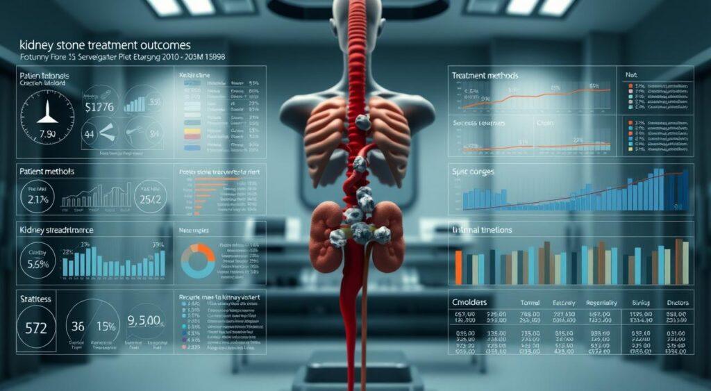 A detailed medical chart displaying data on kidney stone treatment outcomes. In the foreground, intricate visualizations of patient statistics, highlighting treatment methods, success rates, and recovery timelines. In the middle ground, a 3D anatomical model of the urinary system, with the kidney stones clearly visible. The background features a clinical, sterile environment, with subtle lighting that casts a focused, analytical atmosphere. The overall composition conveys the complexities of medical research, inviting the viewer to delve into the insights provided by the data.