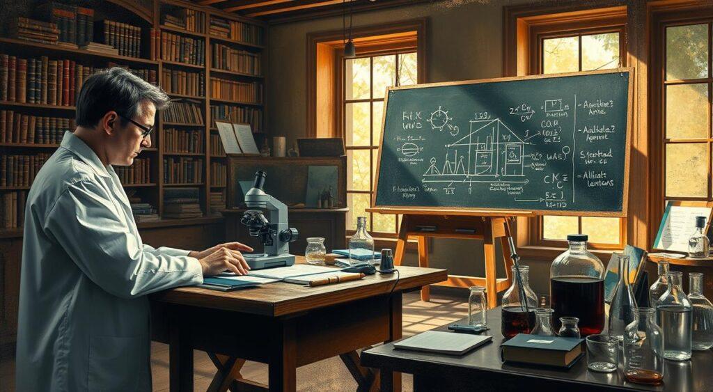 A detailed scene depicting the scientific observation and hypothesis process. In the foreground, a scientist wearing a white lab coat intently observes a microscope, their gaze filled with curiosity and focus. Surrounding them, an array of scientific equipment, beakers, and notes scattered across a well-lit wooden desk. In the middle ground, a blackboard stands, covered in equations, diagrams, and scribbled hypotheses, illuminated by soft, natural light filtering through large windows. In the background, a bookshelf overflows with leather-bound volumes, hinting at the depth of knowledge informing this crucial stage of the scientific method. The overall mood is one of contemplation, discovery, and the pursuit of understanding the natural world.