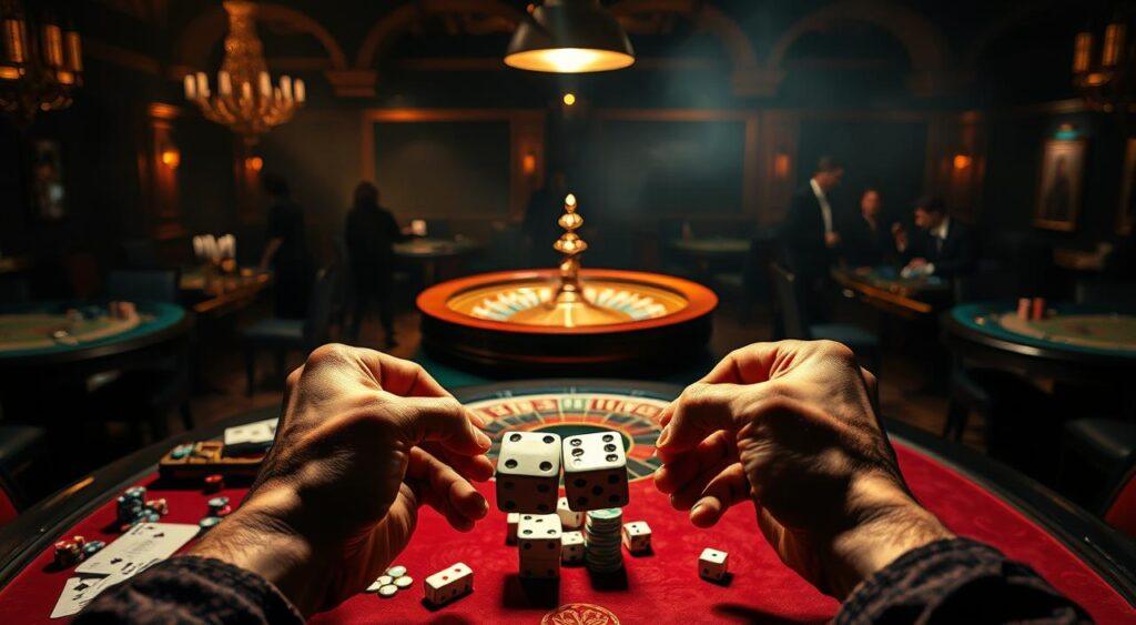 A dimly lit casino interior, with an ornate roulette table as the focal point. Overhead, a single spotlight casts dramatic shadows, creating a sense of tension and risk. Scattered around the table, a collection of dice, playing cards, and poker chips, representing the gambler's tools of the trade. In the foreground, two hands clasp a pair of dice, poised to roll, symbolizing the decision-making process. The background is hazy, with the faint outlines of other gaming tables and patrons, creating a sense of the larger gambling environment. The overall mood is one of uncertainty and the thrill of the gamble, capturing the essence of the Gambler's Fallacy.