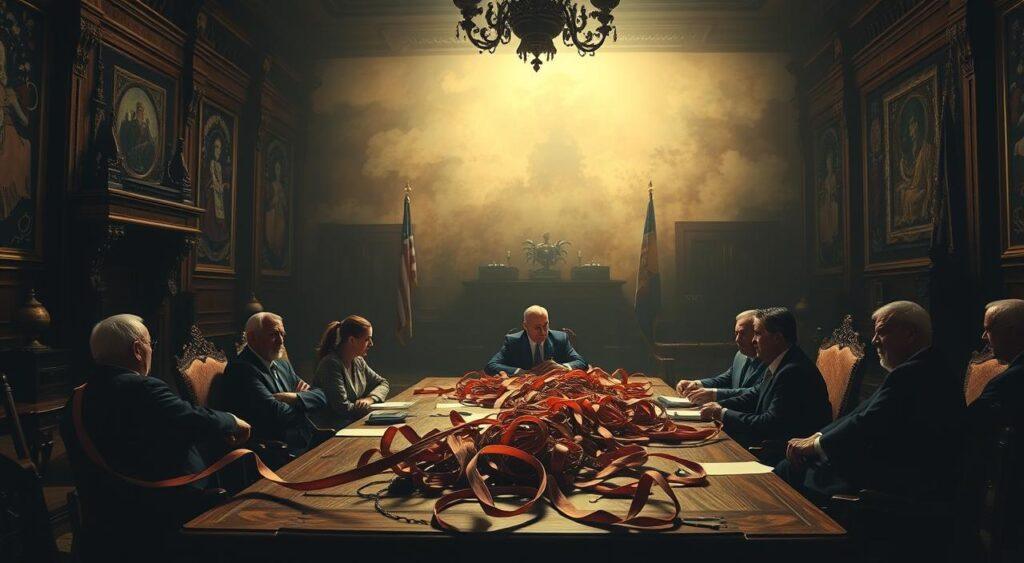 A dimly lit government chamber, the walls adorned with intricate carvings and tapestries. In the foreground, a group of policymakers sit around a grand oak table, expressions thoughtful as they deliberate. The middle ground reveals a maze of bureaucratic red tape, tangling and obstructing the flow of ideas. In the background, a sense of uncertainty and unintended consequences looms, with a hazy, dreamlike quality. Soft, warm lighting casts dramatic shadows, creating an atmosphere of tension and weight. The overall scene conveys the complexity and unintended impacts of government policies, a visual metaphor for the Law of Unintended Consequences.