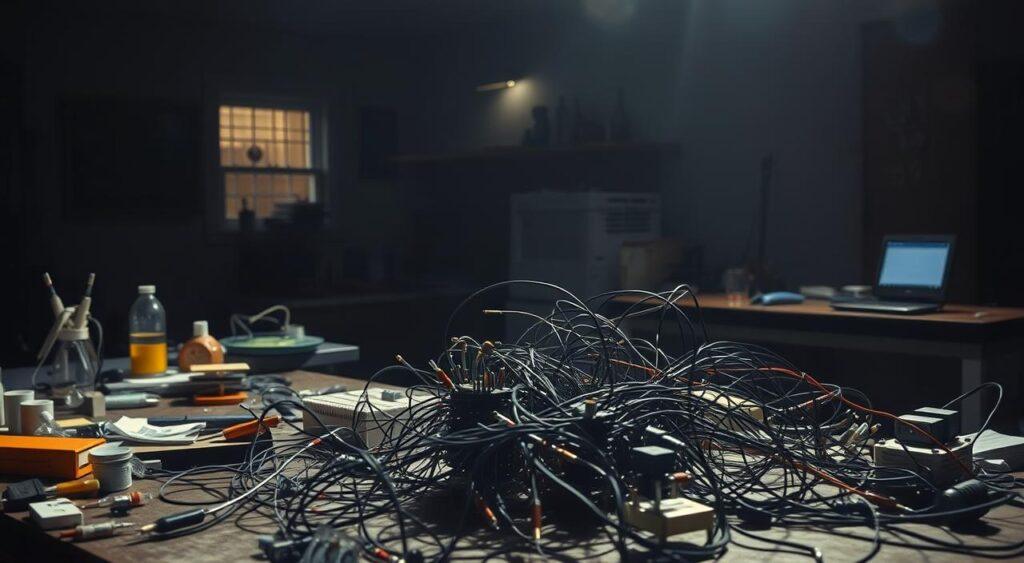 A dimly lit laboratory, workbenches strewn with scientific instruments and random components. In the foreground, a tangle of wires, resistors, and circuit boards, haphazardly arranged into an intricate, seemingly chaotic system. Overhead, a focused beam of light casts dramatic shadows, illuminating the processes at work. In the background, glimpses of other experiments, half-completed models, and the occasional flicker of a computer screen, all contributing to an atmosphere of creative exploration and scientific discovery. The scene conveys a sense of randomness and unpredictability, yet an underlying order and purpose, capturing the essence of "Constructing Stochastic Processes."