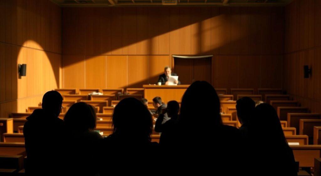 A dimly lit university lecture hall, rows of wooden desks and chairs arranged in an orderly manner. Two stacks of paper documents sit atop the professor's desk, one thicker than the other. The lighting casts long shadows, creating a sense of contrast and depth. In the foreground, the silhouettes of a group of students, diverse in gender and appearance, lean forward, deep in thought. The mood is contemplative, hinting at the underlying complexities of the subject matter - gender bias in graduate admissions.