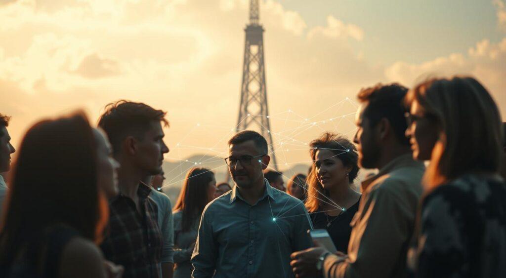 A dynamic organizational feedback loop, captured through a cinematic lens. In the foreground, a group of individuals engaged in lively discussions, their expressions reflecting the exchange of ideas. The middle ground reveals a visual representation of data flows, interconnected lines pulsing with information. In the background, a towering structure symbolizes the overarching framework, casting a warm, contemplative glow over the scene. The lighting is soft and diffused, creating a sense of depth and a harmonious balance between the human and technological elements. The overall composition conveys the essence of adaptive, data-driven strategies within an evolving organizational ecosystem.