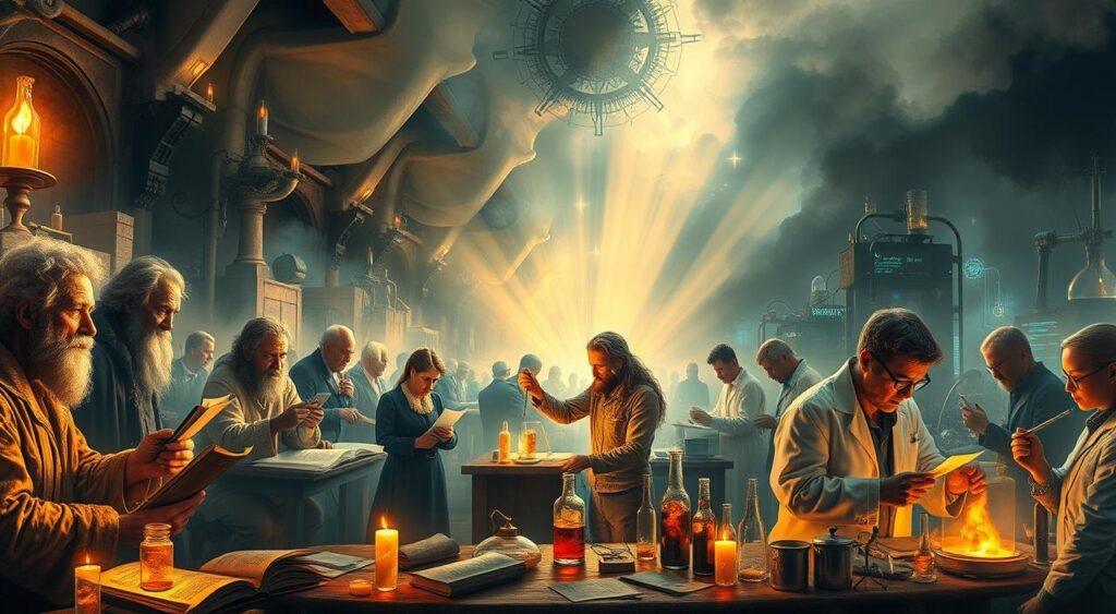 A dynamic panorama showcases the evolution of scientific inquiry through the ages. In the foreground, ancient philosophers ponder natural phenomena, their parchments and quills illuminated by warm candlelight. In the middle ground, Renaissance thinkers conduct experiments with alchemical apparatuses, their faces aglow with scientific curiosity. In the distant background, modern scientists scrutinize digital readouts and complex machinery, symbols of the ever-advancing march of discovery. Rays of ethereal light pierce the scene, evoking the timeless, enlightening nature of the quest for knowledge. Atmospheric and richly detailed, this image captures the historical progression of the scientific method, from its humble beginnings to its present-day sophistication.