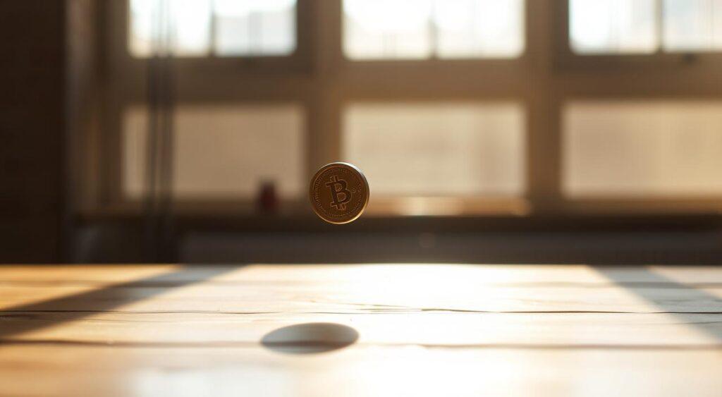 A fair coin toss on a wooden table, illuminated by natural lighting from a nearby window. The coin spins in mid-air, casting a soft shadow on the table's surface. The background is blurred, creating a sense of focus on the coin's moment of equilibrium, symbolizing the equal likelihood of heads or tails. The image conveys the unpredictability and randomness of a true coin toss, reflecting the common misconception that past outcomes influence future results.