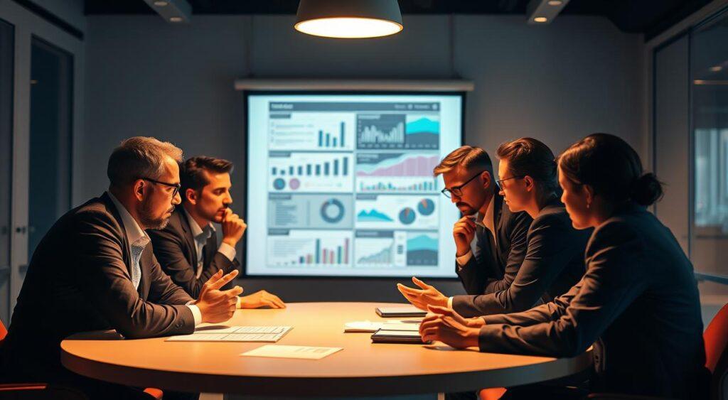 A group of business leaders engaged in a thoughtful decision-making process, illuminated by warm, focused lighting from above. In the foreground, a circular table with executives leaning in, faces deep in concentration, hand gestures conveying their ideas. In the middle ground, a projection screen displays data visualizations, charts, and models to inform the discussion. The background is softly blurred, suggesting a contemporary, minimalist office setting with clean lines and muted colors. The overall atmosphere is one of serious deliberation, with a sense of purpose and importance to the decisions being made.