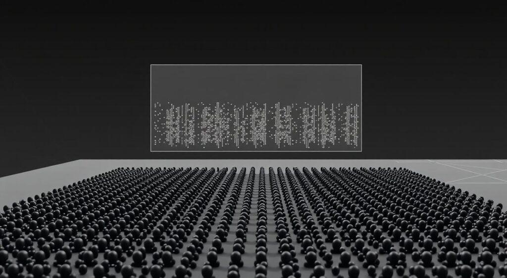 A high-contrast, detailed illustration depicting the "data grouping effect" phenomenon. The foreground showcases a grid of data points, clustered into distinct groups based on an underlying factor. The points within each group are tightly packed, while the spaces between groups appear visually pronounced. In the middle ground, a translucent overlay illustrates the boundaries of these data clusters, emphasizing the separations. The background features a minimalist, grayscale environment, with muted geometric patterns suggesting a conceptual, analytical context. The lighting is crisp and directional, casting sharp shadows that accentuate the dimensional qualities of the data visualization. The overall mood is one of clarity, precision, and the systematic analysis of complex information.
