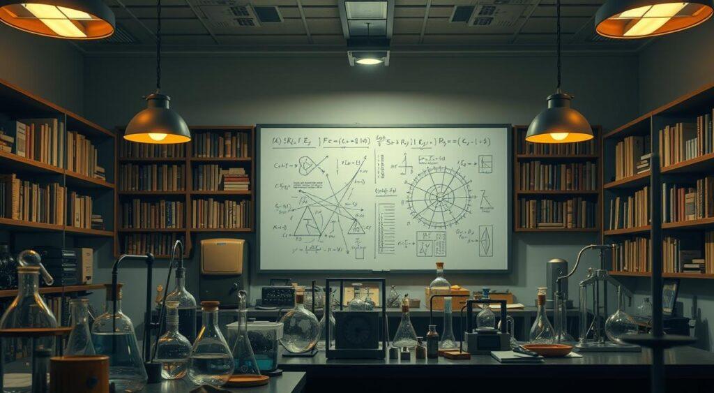A meticulously detailed scientific laboratory, illuminated by warm, soft lighting from overhead fixtures. In the foreground, an array of scientific instruments and equipment, including beakers, test tubes, and a precision scale. In the middle ground, a large whiteboard displaying mathematical equations and diagrams, representing the principles of the scientific method. The background features a wall of bookshelves, filled with journals and research materials, conveying a sense of intellectual depth and rigor. The overall atmosphere is one of focused, thoughtful investigation, with a touch of contemplative introspection.
