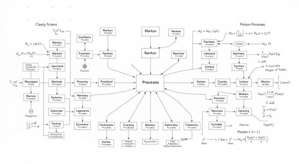 A meticulously rendered diagram on a clean white background, showcasing a diverse array of stochastic process classifications. In the foreground, a central grid layout presents various categories such as Markov processes, Gaussian processes, and Poisson processes, each with distinct icons and concise labels. The middle ground features interconnected arrows and flow diagrams, illustrating the relationships and transitions between these fundamental types of stochastic systems. The background contains subtle technical elements, such as wireframe grids, numerical data, and mathematical equations, adding depth and a sense of analytical rigor to the composition. The overall tone is one of elegant simplicity, allowing the classifications and their interplay to be the primary focus, illuminated by a soft, even lighting that enhances the clarity of the visual information.