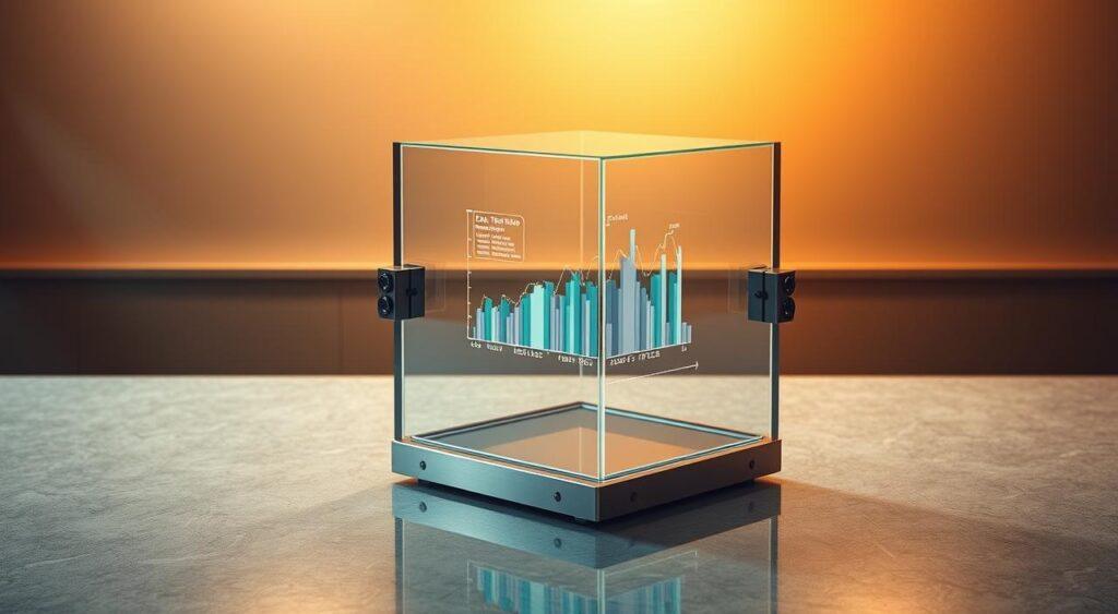 A serene and sophisticated data trust verification scene, bathed in warm, diffused lighting. In the foreground, a clear glass cube with an abstract data visualization displayed inside, representing the transparency and reliability of the information. Surrounding it, elegant brushed metal frames with embedded security sensors, conveying the robust verification processes. In the middle ground, a smooth, polished granite surface reflects the cube, creating a sense of depth and solidity. In the background, a subtly textured wall in a muted, earthy tone, adding depth and grounding the composition. The overall mood is one of confidence, security, and the fusion of technology and design.