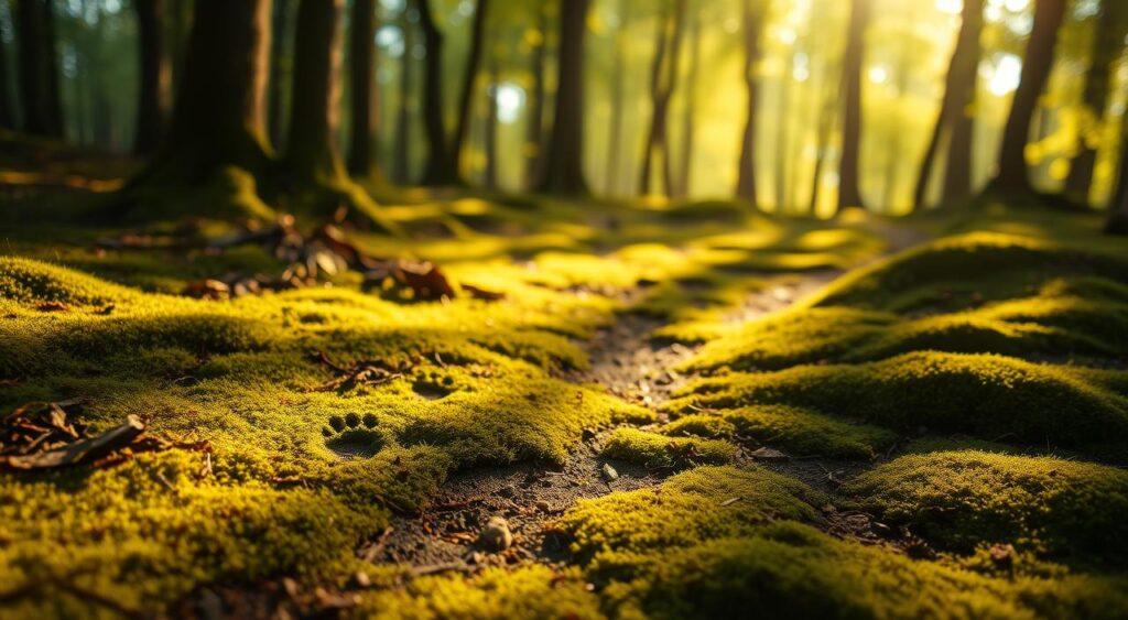 A serene forest floor, sunlight filtering through the canopy, reveals the delicate, whimsical trail of Winnie the Pooh and Piglet's footprints. The imprints, softly defined in the mossy earth, evoke a sense of wonder and childlike imagination. The scene is bathed in a warm, golden glow, capturing the comforting, nostalgic essence of the Hundred Acre Wood. Subtly curved lines suggest the gentle meandering path, as if the characters have just passed by, leaving behind a tangible trace of their enchanting journey. This enchanting glimpse into the origins of The Woozle Effect Mental Model invites the viewer to step into the timeless world of Pooh Bear and his friends.