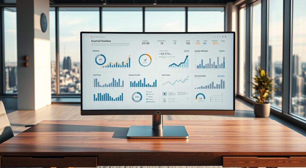 A sleek, modern business dashboard displayed on a high-resolution monitor. The main screen features dynamic charts, graphs, and key performance indicators (KPIs) tracking essential business metrics such as revenue, sales, customer growth, and operational efficiency. The dashboard is designed with a clean, minimalist aesthetic, using a neutral color palette of grays, whites, and subtle pops of color to highlight important data points. Soft, directional lighting illuminates the dashboard, creating depth and dimension. The dashboard is situated on a sturdy, wooden desk in a well-appointed, contemporary office space, with large windows providing natural light and a scenic city skyline in the background.