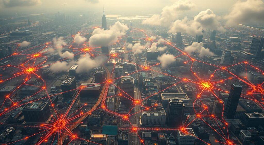 A sweeping aerial view of the interconnected world, with a focus on the rippling effects of global events. The foreground depicts a series of vivid case studies, represented by striking visualizations - economic patterns, social shifts, and political tensions radiating across borders. The middle ground showcases a tapestry of data visualizations, news headlines, and social media feeds, capturing the rapidfire transmission of information. In the background, a hazy, atmospheric landscape of cities, landscapes, and infrastructure, symbolizing the complex, far-reaching implications of seemingly isolated occurrences. Cinematic lighting and a sense of scale evoke the grand, systemic nature of the "Law of Unintended Consequences." Detailed, photorealistic rendering with a balanced, cohesive composition.