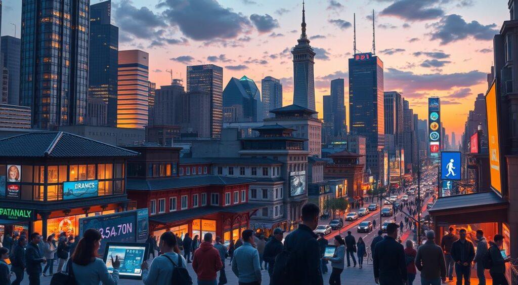 A vibrant cityscape at dusk, with towering skyscrapers and bustling streets. In the foreground, a group of people interacting with digital displays and devices, representing modern regulation examples such as financial transactions, smart city infrastructure, and data privacy controls. The middle ground features a mix of traditional and contemporary architecture, blending the old and the new. The background is illuminated by the glow of neon signs and the twinkling of city lights, creating an atmosphere of technological progress and evolving societal norms. Soft, warm lighting casts a contemplative mood, inviting the viewer to consider the complex interplay between modern regulations and their real-world applications.