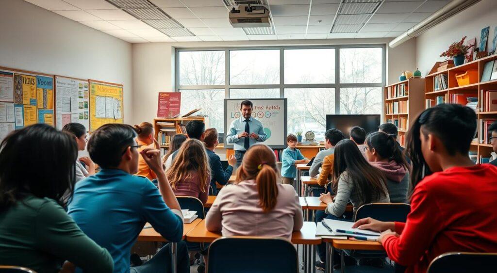 A well-lit classroom setting with a group of students engaged in active learning. In the foreground, students collaborate in small groups, discussing ideas and taking notes. In the middle ground, the teacher stands at the front, guiding the lesson and using a digital presentation. The background features colorful educational posters, bookshelves, and large windows that flood the room with natural light. The mood is one of focused concentration and intellectual curiosity, with a sense of productive energy and discovery. Captured with a wide-angle lens to emphasize the dynamic classroom environment.
