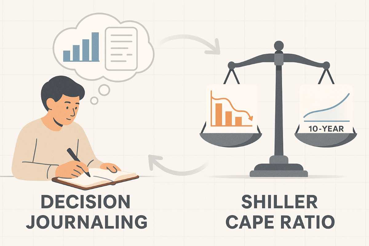 Illustration of practical frameworks to counter the recency mental model, featuring decision journaling and the Shiller CAPE ratio for balanced decision-making