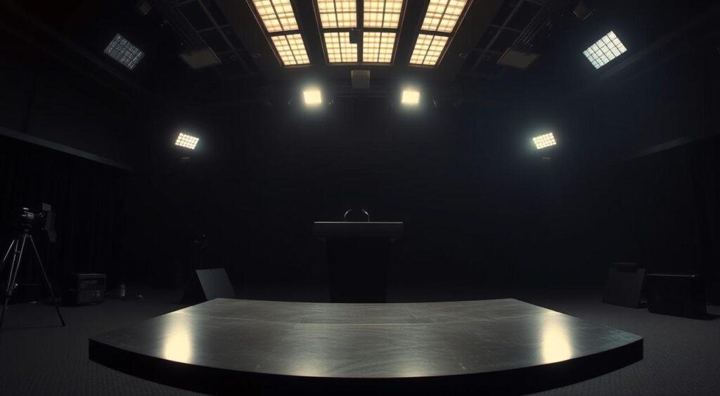 Panoramic view of a dimly lit, somber press room. In the foreground, a large podium stands, its surface reflecting the harsh, overhead lighting. The background is shrouded in shadows, hinting at the uncertainty and lack of transparency in political media reporting. The room's atmosphere conveys a sense of distrust, with the podium serving as a symbol of the disconnect between the public and the institutions tasked with informing them. The scene is captured with a wide-angle lens, emphasizing the vastness of the space and the small scale of the podium, symbolizing the overwhelming influence of media in shaping public perception of politics.
