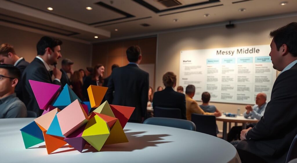 A bustling marketing conference, with executives gathered around a table, engaged in lively discussion. In the foreground, a cluster of colorful geometric shapes representing various cognitive biases, such as anchoring, framing, and availability heuristic, cast shadows on the table. The middle ground features a wall-mounted infographic, illustrating the "Messy Middle" decision-making model, with sections on psychological factors influencing consumer behavior. The background is softly lit, creating a contemplative atmosphere, as the marketing professionals navigate the complexities of human decision-making.