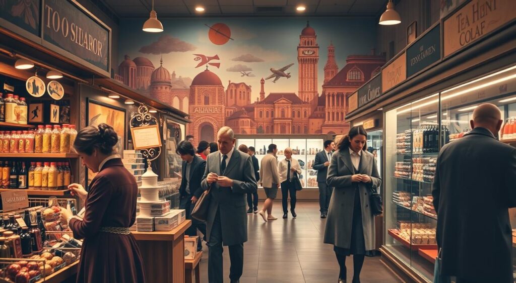 A bustling marketplace with stalls and shoppers from bygone eras, representing the evolution of the consumer journey. In the foreground, a Victorian-era woman examines goods at a quaint stall, while in the middle ground, an Art Deco-inspired couple browse modern-looking shelves. The background is a vibrant mural depicting the progression of consumer trends, from ancient bazaars to sleek, futuristic stores. Warm, soft lighting illuminates the scene, creating a sense of timelessness. The overall atmosphere conveys the messy, non-linear nature of the consumer journey, as past and present coexist in a visually striking composition.