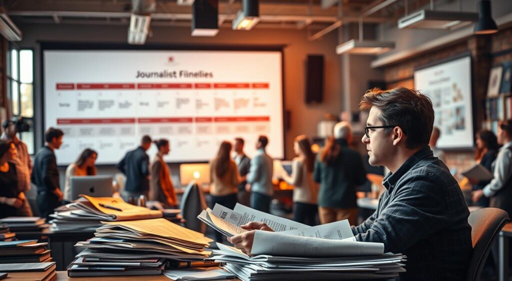 A bustling newsroom interior, illuminated by a warm, diffused light from large windows. In the foreground, a journalist sits at a desk, deeply absorbed in a stack of newspapers and notebooks, contemplating the evolution of journalism's mental models. The middle ground features other reporters and editors engaged in lively discussions, their body language and gestures conveying the dynamic exchange of ideas. In the background, a projection screen displays a timeline of key milestones in the field, charting the progression of journalistic approaches and thought processes over time. The overall atmosphere is one of intellectual curiosity, with a sense of the industry's continuous transformation. A bustling newsroom interior, illuminated by a warm, diffused light from large windows. In the foreground, a journalist sits at a desk, deeply absorbed in a stack of newspapers and notebooks, contemplating the evolution of journalism's mental models. The middle ground features other reporters and editors engaged in lively discussions, their body language and gestures conveying the dynamic exchange of ideas. In the background, a projection screen displays a timeline of key milestones in the field, charting the progression of journalistic approaches and thought processes over time. The overall atmosphere is one of intellectual curiosity, with a sense of the industry's continuous transformation.