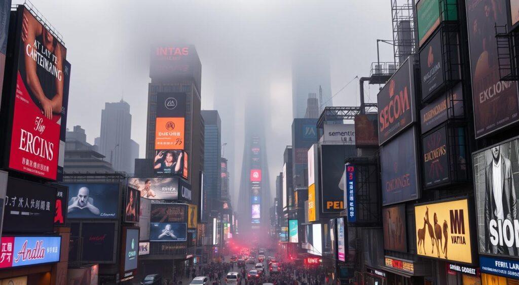 A bustling urban landscape consumed by a tidal wave of digital advertisements, billboards, and screens. In the foreground, a hazy, neon-lit street teeming with oversized, flashing displays vying for attention. In the middle ground, towering skyscrapers adorned with scrolling marquees and video walls, their surfaces a cacophony of colors and motion. The background fades into a smog-shrouded skyline, a dense cluster of digital signage and media installations dominating the horizon, creating an overwhelming sense of information overload. The scene is bathed in a warm, almost sickly glow, evoking the relentless, pervasive nature of modern digital advertising.