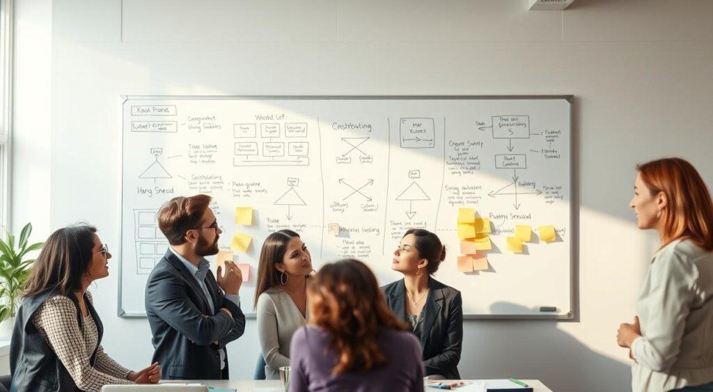 A clean, well-lit workspace with a large whiteboard displaying various problem-solving frameworks and diagrams. The foreground features a team of diverse professionals intently discussing and collaborating on these frameworks, their expressions conveying deep thought and understanding. The middle ground showcases a variety of sticky notes, markers, and other office supplies, suggesting an active problem-solving session. The background is softly blurred, creating a sense of focus on the central activity. The lighting is natural and diffused, creating a calm, productive atmosphere. The overall composition emphasizes the advantages of embracing mental models for effective problem-solving.