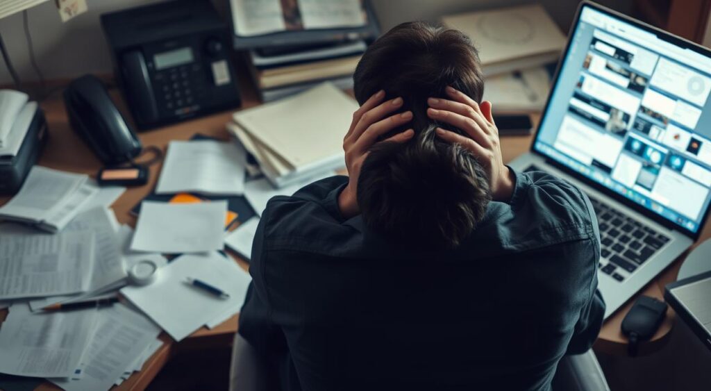 A cluttered office desk, papers scattered across the surface, a phone ringing off the hook, a laptop displaying a jumble of open windows. In the foreground, a worried-looking person sits with their head in their hands, contemplating a difficult decision. Soft, diffused lighting casts long shadows, creating a pensive, overwhelmed atmosphere. The scene is captured from a slightly elevated angle, emphasizing the sense of being trapped in a confusing web of choices and responsibilities. The image conveys the common pitfalls of decision-making, such as information overload, distractions, and the mental strain of weighing multiple options.