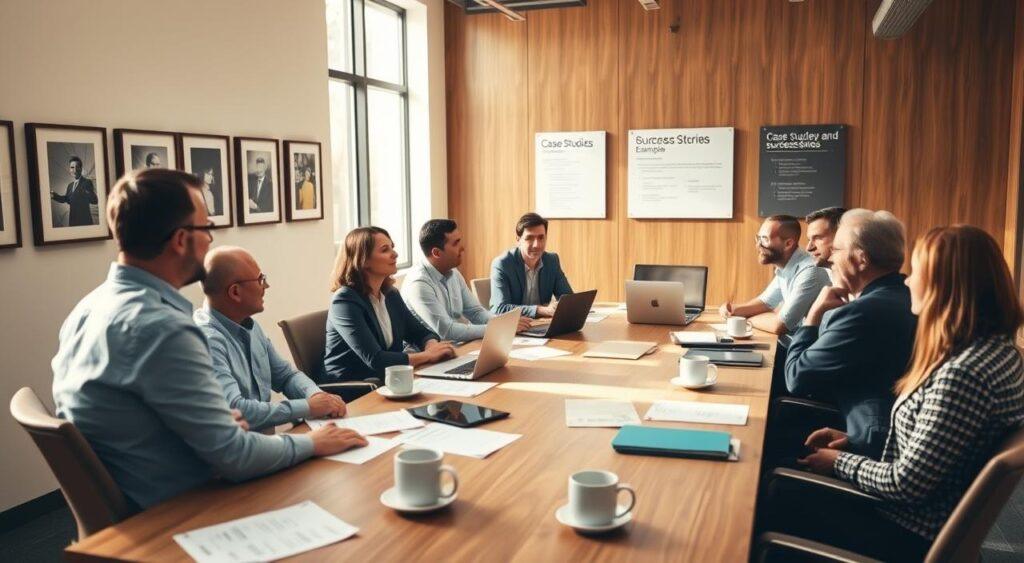 A conference room with a large wooden table, surrounded by chairs. On the table, various documents, laptops, and coffee mugs are scattered, indicating an ongoing discussion. The room is well-lit, with warm, natural lighting filtering in through large windows, casting a soft glow on the scene. The walls are adorned with framed case studies and success stories, hinting at the real-world examples being discussed. In the foreground, a group of professionals engaged in a lively conversation, their expressions and body language conveying the depth of their analysis and problem-solving. The overall atmosphere is one of focused collaboration and intellectual discourse.