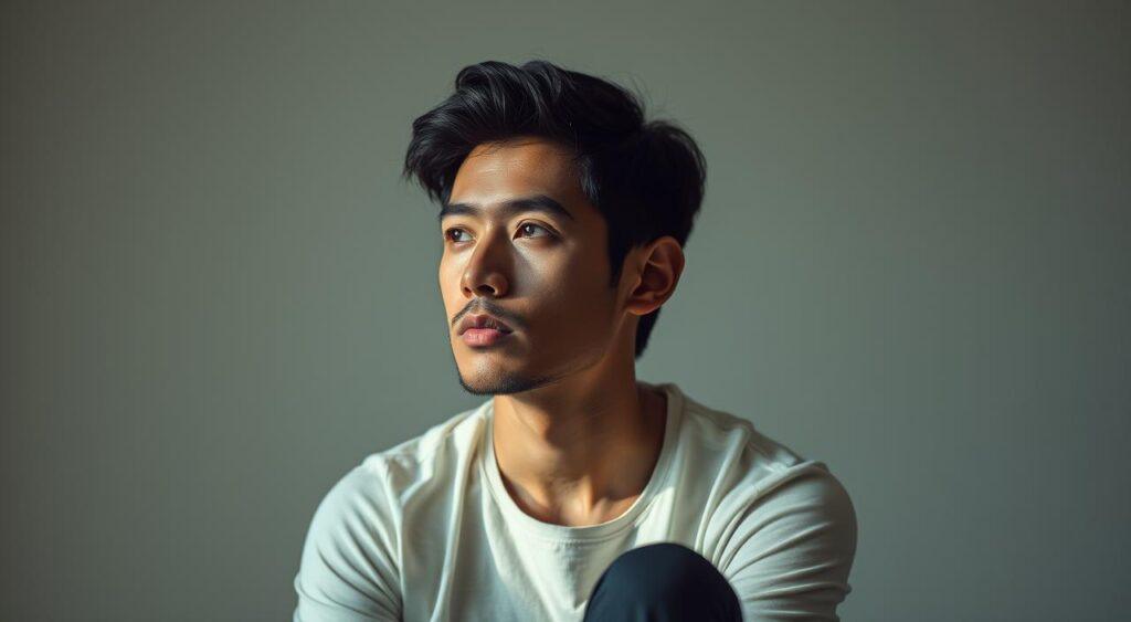 A contemplative figure sits in deep thought, their face half-illuminated by a soft, ambient light that casts dynamic shadows across their features. The background is a serene, minimalist space, with muted tones and clean lines, allowing the subject's introspective gaze to take center stage. The composition is balanced, capturing the individual's internal decision-making process with a sense of clarity and focus. The overall mood is one of quiet introspection, highlighting the complexity and nuance of self-awareness in the decision-making journey.