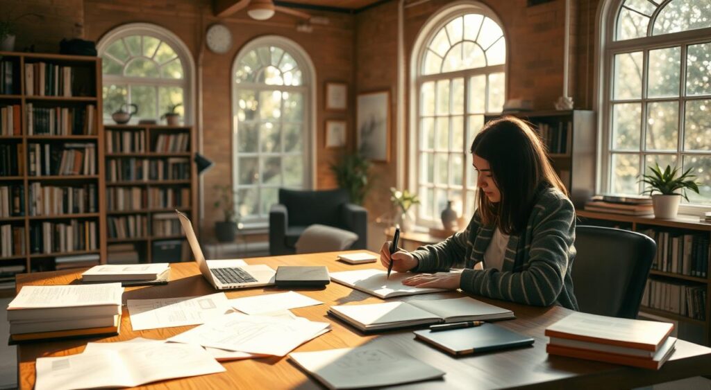 A cozy study room with abundant natural light filtering through large windows. On a wooden desk, a person is intently focused, sketching diagrams and scribbling notes. Surrounding them are neatly organized books, papers, and a laptop, creating an atmosphere of deep contemplation and learning. Soft, diffused lighting casts a warm glow, complemented by the earthy tones of the room's furnishings. The walls are lined with bookshelves, hinting at the wealth of knowledge available. The scene conveys a sense of diligence, introspection, and the dedicated practice of building mental models.