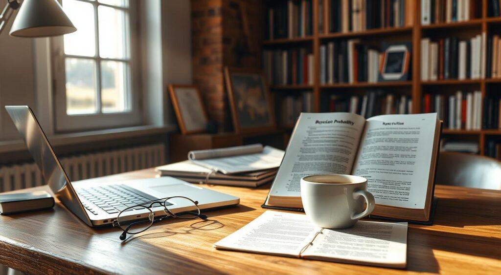 A cozy study setting with a wooden desk, a laptop, and an open book on Bayesian probability. Soft natural lighting streams through a nearby window, casting a warm glow on the scene. On the desk, a pair of reading glasses sits beside a steaming cup of coffee, hinting at deep contemplation. In the background, bookshelves line the walls, suggesting an environment of scholarly pursuit. The overall atmosphere conveys a sense of quiet introspection, as the viewer is invited to imagine the process of updating beliefs based on new evidence, the essence of Bayesian thinking.
