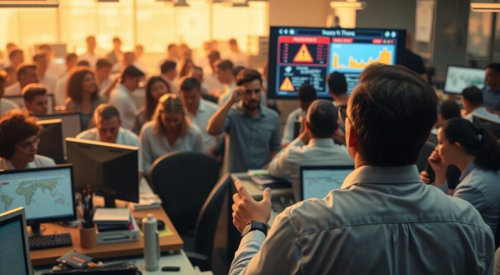 A crowded workplace setting, with employees engrossed in their tasks, surrounded by desks, computers, and office equipment. In the foreground, a worker is making a presentation, seemingly unaware of the critical information they are overlooking. The middle ground depicts other employees nodding in agreement, despite clear warning signs and data visible on the presentation screen. The background is hazy, drawing focus to the central scene, lit by warm, natural lighting filtering through the office windows. The overall atmosphere conveys a sense of routine obliviousness, where important details are easily missed amidst the day-to-day distractions.