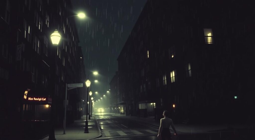 A dark, rainy night in 1964 New York City. A dimly lit urban street, streetlamps casting a somber glow. In the middle distance, a young woman's figure on the sidewalk, Kitty Genovese, cries out for help as an attacker approaches. Numerous apartment windows line the buildings, but the lights remain dark - the bystander effect in full force, no one coming to her aid. Moody shadows and muted colors convey the tragic atmosphere of this pivotal moment that would spark important discussions on human psychology and moral responsibility.