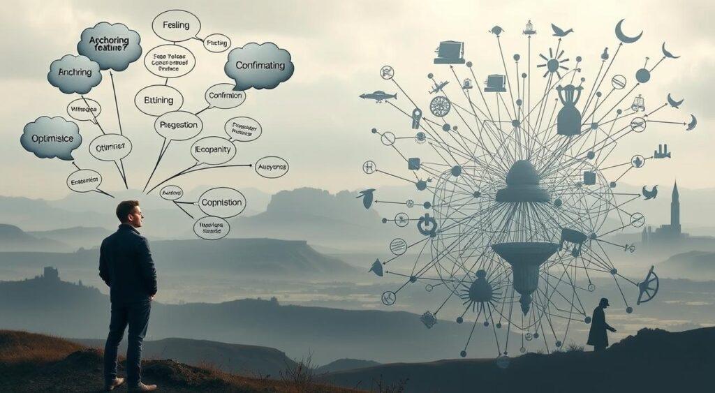 A detailed and meticulously composed image depicting various cognitive biases and their effects. In the foreground, a central figure stands contemplating a jumble of thought bubbles, each representing a different cognitive bias - anchoring, confirmation, optimism, and more. The middle ground features a complex network of interconnected concepts, visualizing the intricate web of biases and their interplay. In the distant background, a surreal landscape sets the tone, with distorted perspectives and ambiguous shapes suggesting the subjective and malleable nature of perception. Soft, diffused lighting creates an introspective mood, inviting the viewer to explore the profound impact of cognitive biases on our decision-making and understanding of the world.