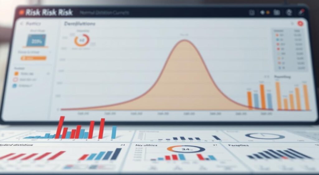 A detailed, high-quality illustration of a normal distribution curve against a backdrop of a risk assessment dashboard. The curve should be prominently displayed, with a clear visualization of the standard deviations and their corresponding probability zones. In the foreground, various risk metrics and data visualizations should be arranged in a clean, minimalist layout, conveying a sense of analytical precision. The overall scene should be rendered in a cool, neutral color palette, with subtle lighting and depth of field to create a sophisticated, professional atmosphere suitable for an academic or business context.
