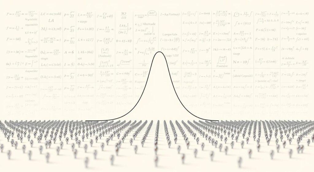 A detailed illustration of probability theory sample size, capturing the essence of the mathematics behind the Law of Large Numbers mental model. In the foreground, an array of meticulously drawn data points, each representing a sample from a larger population. The middle ground showcases a visual representation of the central limit theorem, with a smooth, bell-shaped curve emerging from the aggregation of the samples. In the background, a grid of mathematical equations and statistical formulas, illuminating the theoretical underpinnings of the concept. The scene is rendered in a clean, minimalist style, with subtle lighting and a muted color palette to emphasize the technical and analytical nature of the subject matter.