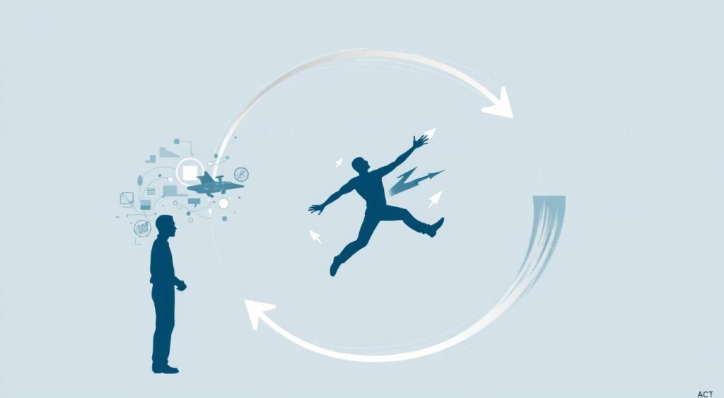 A digital illustration depicting the OODA Loop decision-making process. In the foreground, a human figure in a contemplative pose represents the "Observe" and "Orient" stages, with abstract data visualizations swirling around them. In the middle ground, the figure transitions into dynamic action, symbolizing the "Decide" stage, surrounded by geometric shapes and arrows. In the background, the figure completes the loop, with the "Act" stage visualized through bold, energetic brushstrokes. The overall composition conveys a sense of fluidity, agility, and the iterative nature of the OODA Loop framework. Rendered in a clean, minimalist style with a cool color palette to evoke a professional, analytical atmosphere.