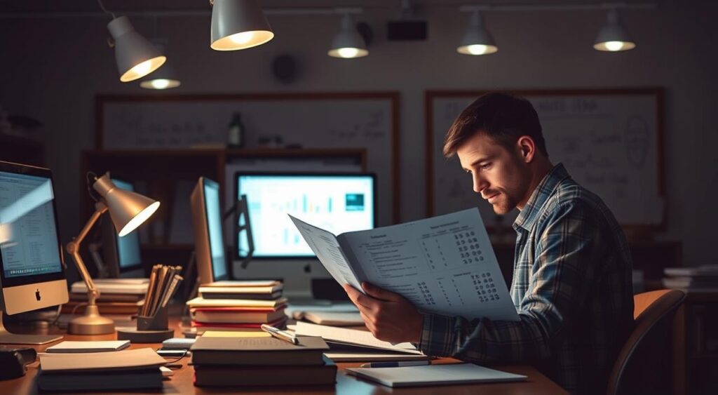 A dimly lit academic laboratory, illuminated by the soft glow of computer screens and the warm hue of desk lamps. In the foreground, a researcher intently examines a set of cognitive test results, their brow furrowed in concentration. Surrounding them, a collection of research materials - books, journals, and notes - are neatly organized on the desk, reflecting the methodical approach to understanding the complexities of the human mind. In the background, a whiteboard is covered in equations, diagrams, and hypotheses, hinting at the depth of the ongoing investigation. The overall atmosphere is one of intellectual rigor and the pursuit of knowledge, capturing the essence of "Methodologies in Cognitive Bias Research".