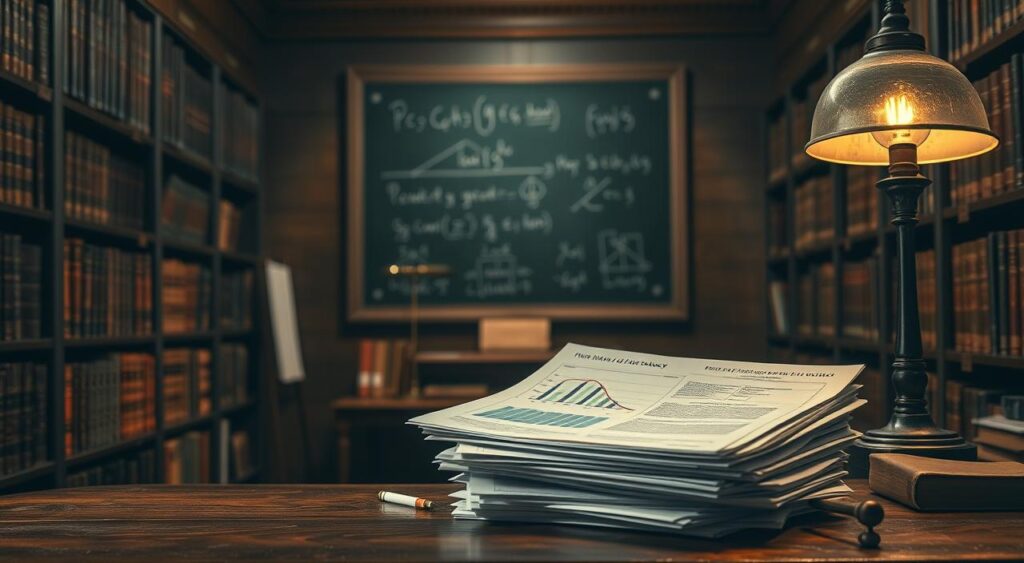 A dimly lit academic library, where rows of old leather-bound books line the shelves. In the foreground, a wooden desk holds a stack of research papers, graphs, and statistical charts - the historical artifacts of the hot hand fallacy. A chalkboard in the background displays equations and diagrams, casting an ethereal glow over the scene. The lighting is warm and muted, evoking a sense of contemplation and scholarly pursuit. An antique lamp casts a soft, directional light, illuminating the research materials and creating dramatic shadows. The overall atmosphere is one of intellectual rigor and the pursuit of understanding human cognition and decision-making.