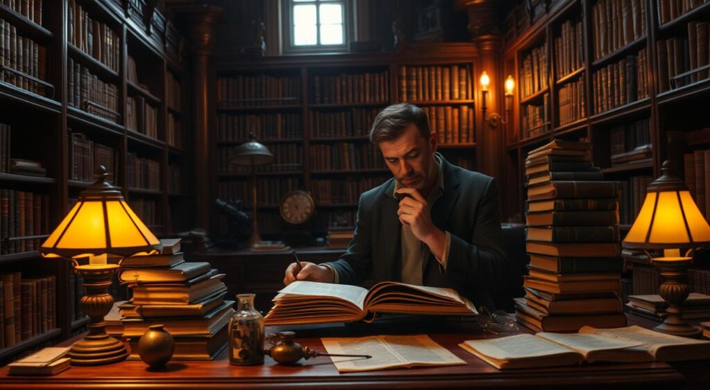 A dimly lit academic study, filled with the warm glow of antique lamps. Leather-bound books line the shelves, while a towering stack of research papers sits on a mahogany desk. Delicate scientific instruments and aged parchments are scattered across the surface, hinting at a lifetime of scholarly pursuit. In the center, a thoughtful researcher examines a historical text, their brow furrowed in concentration. The air is thick with the scent of old books and the weight of centuries-old knowledge. A single shaft of light cuts through the shadows, illuminating the scene and imbuing it with a sense of timeless contemplation. This is the backdrop for the origins and research of the self-handicapping mental model.