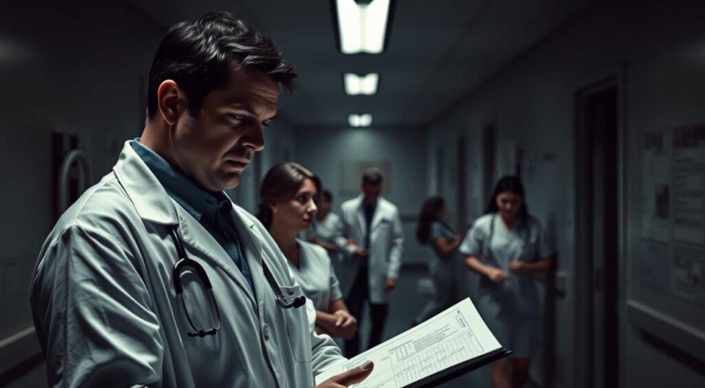 A dimly lit hospital ward, the air thick with tension. In the foreground, a doctor stands with a furrowed brow, deep in contemplation, his gaze fixed on a chart. Beside him, a nurse appears hesitant, her expression conveying the weight of unspoken doubts. In the middle ground, other medical professionals move about, their movements strained, as if caught in the grip of an unspoken bias. The background is hazy, suggesting the sense of a larger systemic issue at play. Muted colors and harsh shadows cast an ominous tone, reflecting the challenges of overcoming cognitive biases in healthcare. The scene evokes a palpable sense of the Semmelweis Reflex, where new ideas are met with skepticism and resistance.