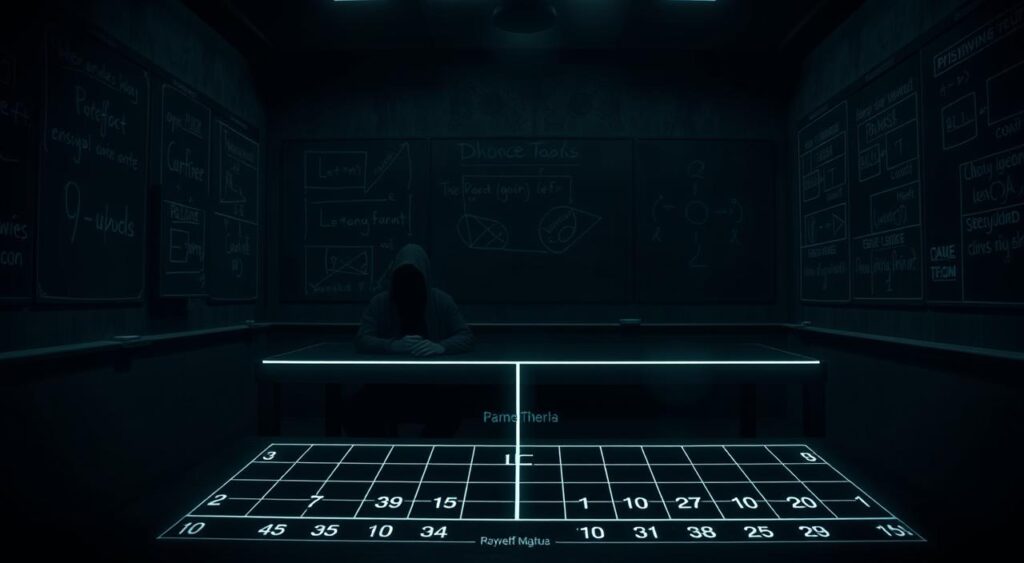 A dimly lit interrogation room, the walls adorned with chalkboards and diagrams. Two prisoners, their faces shrouded in shadow, sit at a table, their expressions tense as they ponder their choices. In the foreground, a game theory grid depicts the payoff matrix of the classic Prisoners' Dilemma, its lines and numbers casting a haunting glow. The scene is captured with a moody, cinematic lens, the lighting and angles emphasizing the high-stakes decision facing the inmates. An atmosphere of uncertainty and strategic contemplation permeates the room, as the two individuals grapple with the consequences of their actions.