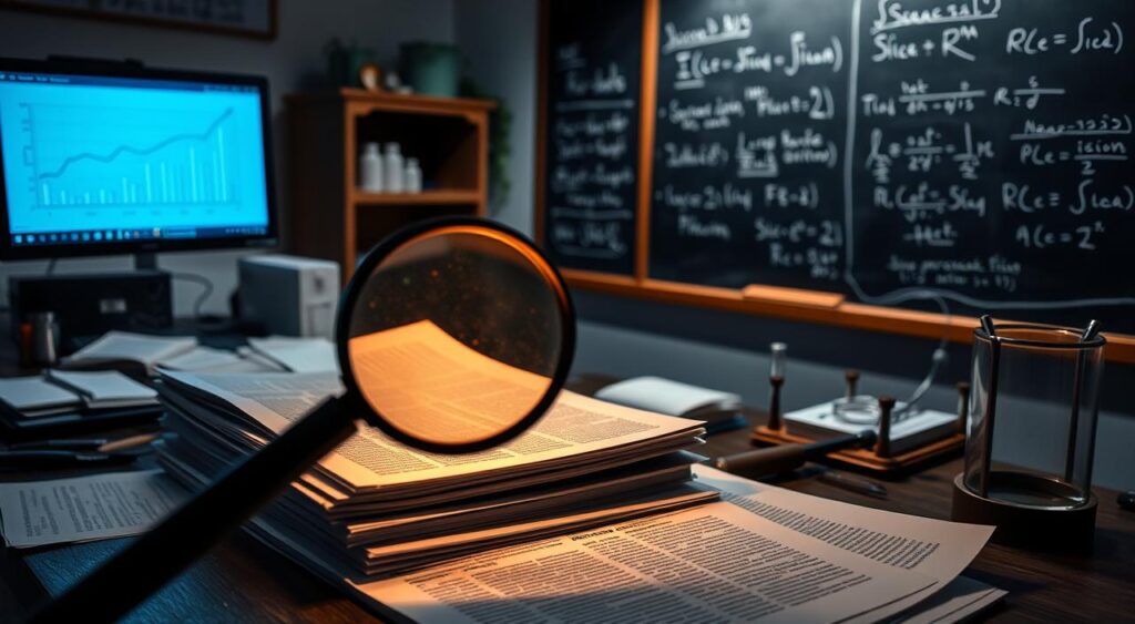 A dimly lit laboratory setting, with scientific instruments and research materials scattered across a cluttered desk. In the foreground, a magnifying glass hovers over a stack of research papers, casting a warm glow on the pages. The middle ground features a computer monitor displaying a graph, highlighting the disconnect between research findings and actual performance. In the background, a chalkboard with scribbled equations and theories, partially obscured by the shadows, suggesting the complex and biased nature of academic research. Soft, muted lighting creates an atmosphere of contemplation and introspection, inviting the viewer to ponder the nuances of research bias and its impact on real-world outcomes.