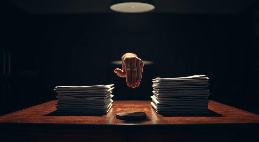 A dimly lit office setting, with a mahogany desk in the foreground. On the desk, two stacks of documents sit asymmetrically, representing the unequal weighting of options in a decision-making process. The lighting casts dramatic shadows, emphasizing the contrast between the two stacks. In the middle ground, a person's hand hovers over the documents, pondering the decision at hand. The background is blurred, drawing the viewer's attention to the focal point of the documents and the decision-making process. The overall mood is one of contemplation and unease, reflecting the complexities of asymmetric decision-making.