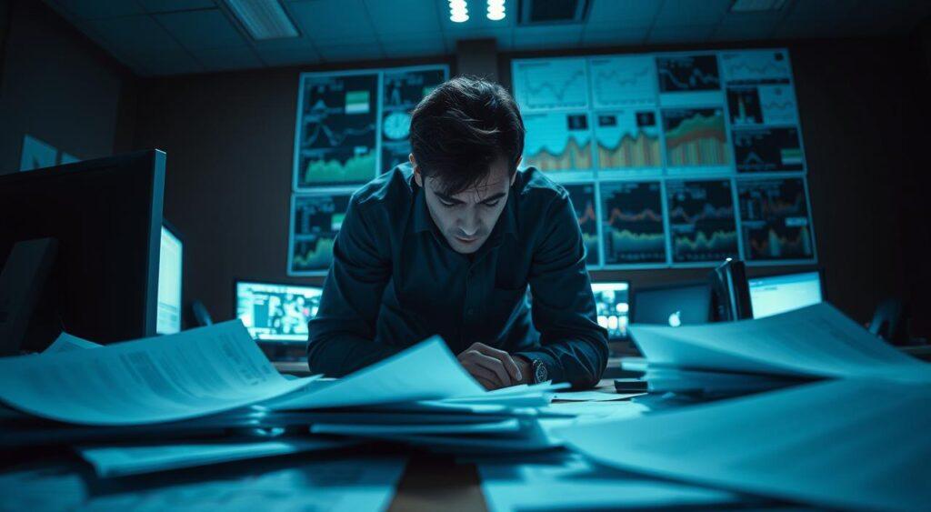 A dimly lit office space, the glow of computer screens casting an eerie light. In the foreground, a cluttered desk with scattered documents, highlighting a case of data misinterpretation. The middle ground features a person hunched over, deep in thought, their expression a mix of confusion and frustration. In the background, a wall of abstract data visualizations, each representing a different interpretation of the same information. The scene is shot with a low-angle, wide-angle lens, emphasizing the sense of disorientation and the weight of the situation. The overall mood is one of tension and uncertainty, reflecting the consequences of drawing conclusions from misinterpreted data.