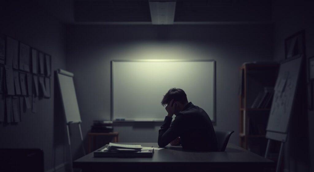 A dimly lit office space, the walls adorned with scattered documents and a lone whiteboard. In the center, a person sits hunched over a desk, deep in thought, grappling with a complex problem. The lighting casts a somber, pensive mood, as the figure's expression reflects the burden of mental biases that cloud their problem-solving process. The background is blurred, drawing the viewer's attention to the individual's inner struggle, their mind consumed by the first conclusion bias that limits their ability to see beyond the obvious. The composition evokes a sense of tension and a need for a more holistic, open-minded approach to problem-solving.