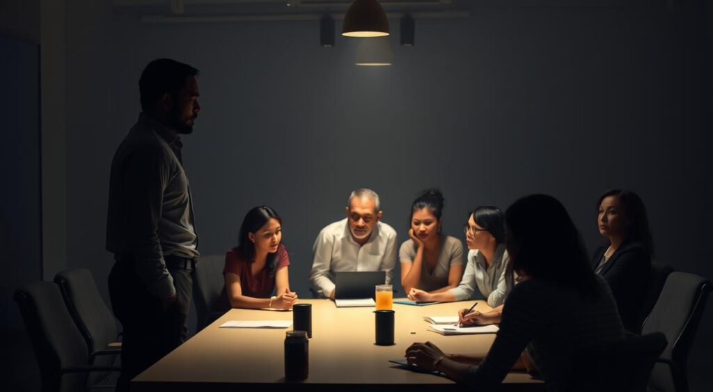A dimly lit office space, with a team of diverse employees engaged in a meeting. In the foreground, a person of authority stands at the head of the table, their posture and facial expression suggesting an unconscious bias as they interact with their subordinates. The middle ground features a mix of body language - some employees lean in attentively, while others appear disengaged or uncomfortable. The background is hazy, evoking a sense of tension and unease, as the lighting casts long, uneven shadows across the room, highlighting the imbalance of power dynamics.