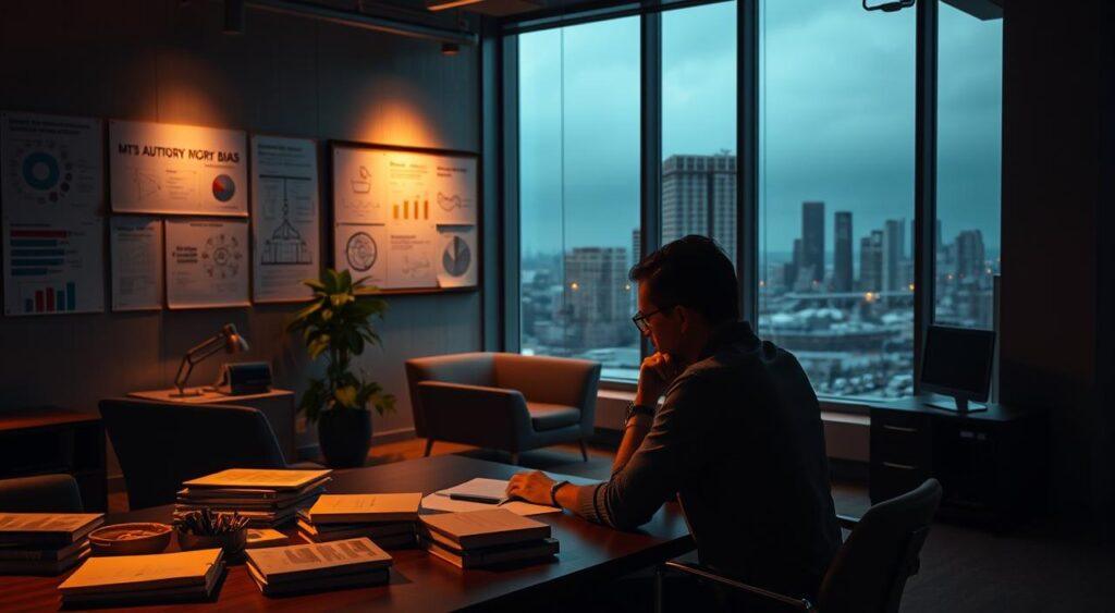 A dimly lit office space with modern furnishings and sleek decor. In the foreground, a person sits at a desk, deep in thought, surrounded by books and papers. The middle ground features various visual aids like graphs, charts, and diagrams on the walls, suggesting strategies to address authority bias. The background reveals a large window overlooking a cityscape, creating a contemplative atmosphere. Warm, directional lighting from the side casts subtle shadows, emphasizing the pensive mood. The overall scene conveys a sense of thoughtful exploration and problem-solving around the topic of reducing authority bias.